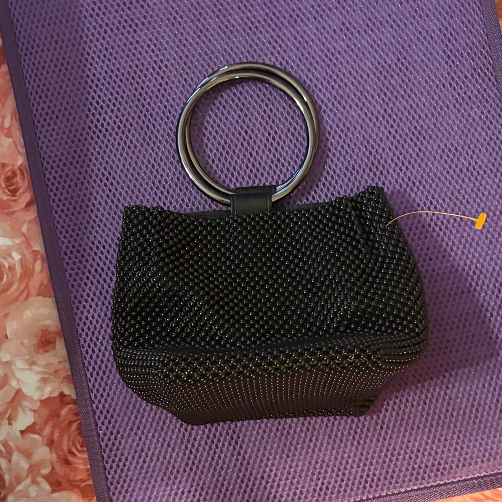 Black Beaded Wristlet Clutch with Metallic Ring